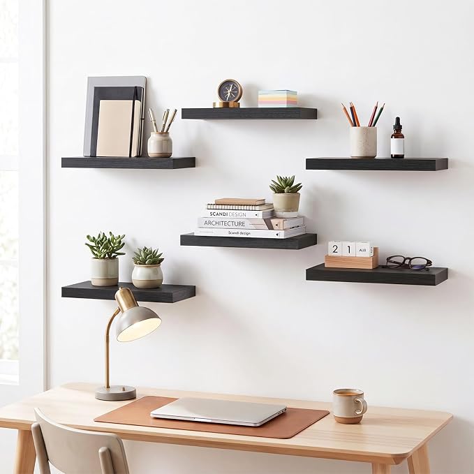 Fixwal Floating Wall Shelves for Decor (Black, Set of 6, 15.7 Inch) | MDF Shelves with Metal Brackets, Space Saving for Books, Decor, Works in Bathroom, Kitchen, Living Room, Bedroom