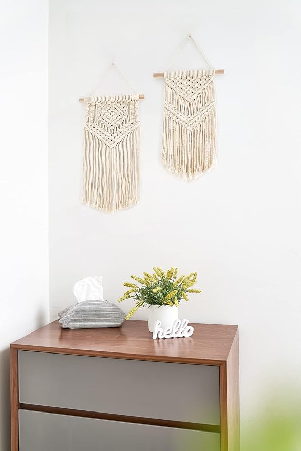 Dahey 2Pcs Small Macrame Wall Hanging, 2 Sizes Boho Tapestry Wall Art Decor | Woven Craft, Unique Tassels, Soft Cotton Cord, Wood Dowel, Ready to Hang, Boho Wall Decor for Bedroom Dorm Classroom Backdrop