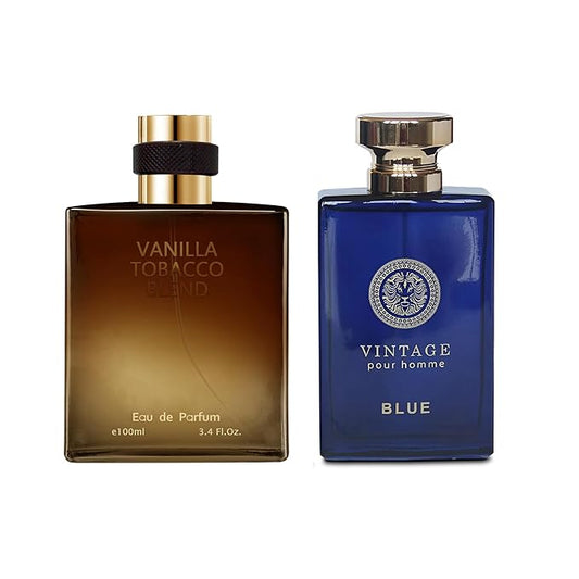 AFLUXE 2PCS Mens Perfume Cologne Long Last Strong EDP Natural Spray Gift Set, with Cocoa, Dried Fruits, Woody Fragrance for Daliy Use, 3.4 Fl Oz / 100 mL Each (Vintage Blue & Vanilla Tobacco)
