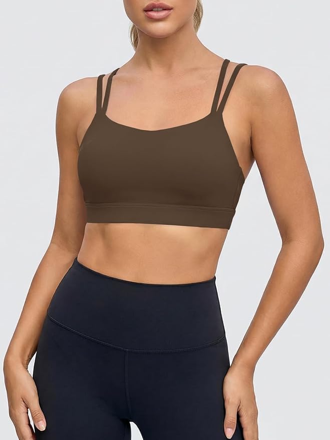 Aoysky Sports Bras for Women Buttery Soft Strappy Padded Sports Bra Double Spaghetti Straps Wireless Yoga Workout Crop Tops