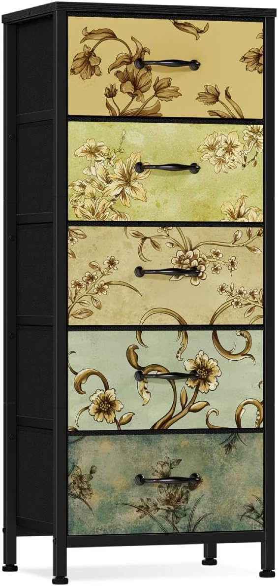 5 Drawer Dresser for Bedroom, Vintage Tall Skinny Storage Dressers | Fabric Dresser with 5 drawers, Vertical Narrow Storage Tower, Small Chest of Drawers, Floral Retro Dresser for Dorm, Wood Top