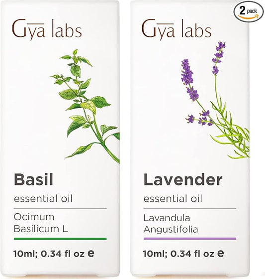 Basil & Lavender Essential Oil for Diffuser Set - Aromatherapy Grade Essential Oils Set - 2x0.34 fl oz - Gya Labs