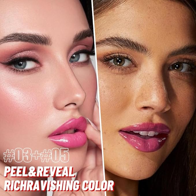 2Pcs Liquid Lip Stain Peel Off Lip liner and Lip oil with Tweezer, Dual-Ended Peel Off Lip Stain Tattoo, Highly Pigmented Long Lasting Waterproof, Transfer-proof for All Skin Types, 03#+05#