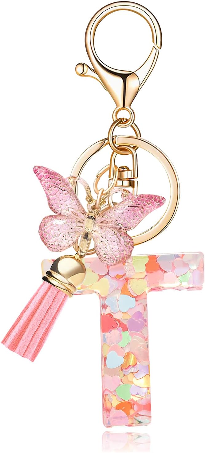 Fashion Alphabet Initial Letter Keychain Tassel Butterfly Pendant Key Ring for Purse Handbags Women Girl