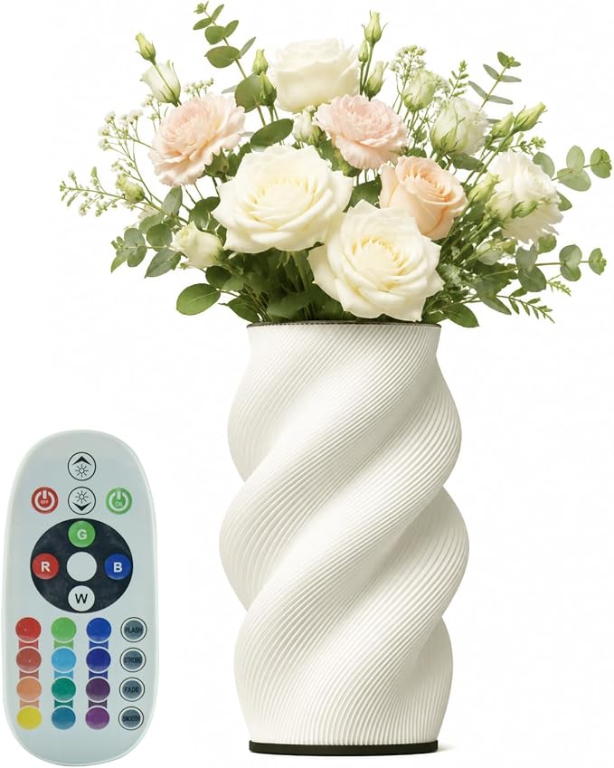 White Vase for Flowers - Small Unique Vase with Lighting 16 Colors for Centerpieces, Modern Vases for Home Decor, Living Room, Dining Table, Office Decor, Bedroom (USB Plug in Corded)