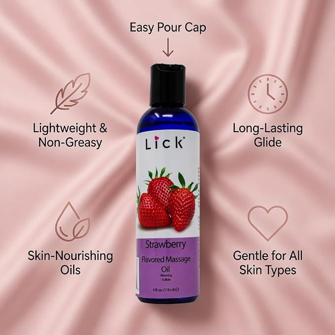 Lick Strawberry Flavored Massage Oil with Natural Vitamin E - Warming Edible Body Oil for Couples Massage, Smooth Long-Lasting, Sweet Almond & Coconut Oil, Moisturizing Skin for Men & Women, 4 oz