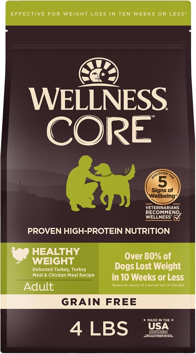 Wellness CORE Healthy Weight Adult Dry Dog Food, Grain Free Kibble, Natural, High Protein, Turkey and Chicken Recipe, 4 lb Bag