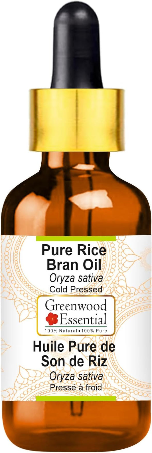 Greenwood Essential Rice Bran Oil (Oryza Sativa) with Glass Dropper | Cold Pressed | Natural | Undiluted | for Diluting Essential Oils | for Skin & Massage | Men & Women | 50ml (1.69 oz)