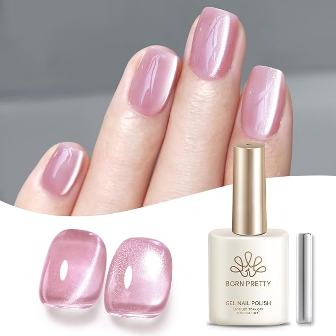 Born Pretty Pink Cat Magnetic Eye Gel Nail Polish 15ML,Jelly Glass Peach Pink Crystal Glitter Shimmer Translucent Magnetic Gel Polish with Magnet,Soak Off U V Gels for Women Girl