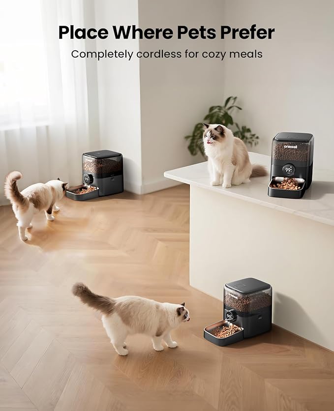 oneisall Cordless Cat Feeder with WiFi | Rechargeable 100-Day Battery Operated, 12 Cups/3L, Dry Food Dispenser, Large Kibble, Smart App Control, Black