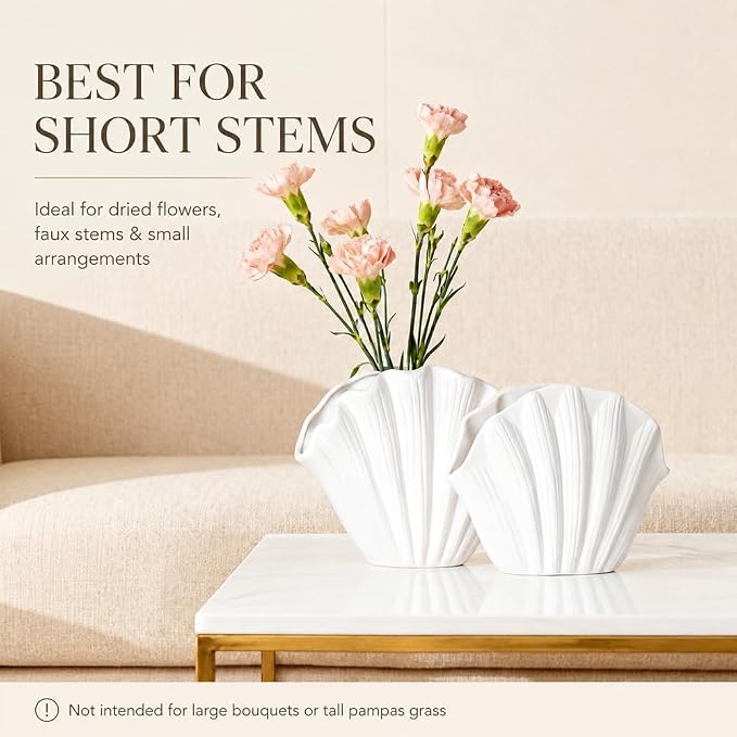 Seashell Vase Set of 2, White Ceramic Shell Vase 6.3" & 5.7", Coastal Sea Shell Vases Decor for Dried Flowers Faux Stem, Beach Nautical Table Decor, Scalloped Aesthetic Vases for Home Accents