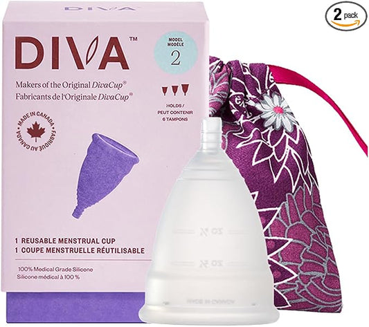 DIVA Cup Model 2 & Pouch - Medical Grade Silicone Cup for Period Care - Reusable Menstrual Cup - Up to 12 Hours of Wear - Model 2 (For Wide Vaginal Canals, Post-Partum & Ages 35+) Plus Retro DivaPouch