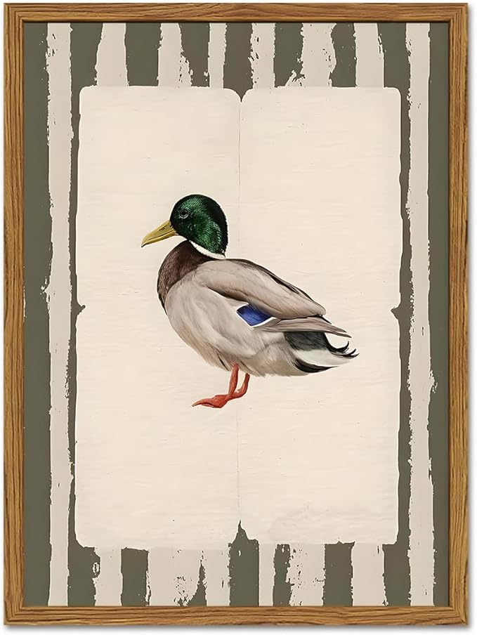 Framed Vintage Mallard Duck Wall Art, Country Farmhouse Duck Pictures Wall Decor, Rustic Wildlife Animal Paintings Canvas Prints Cottagecore Home Decor for Living Room Bedroom nursery 12x16 inch