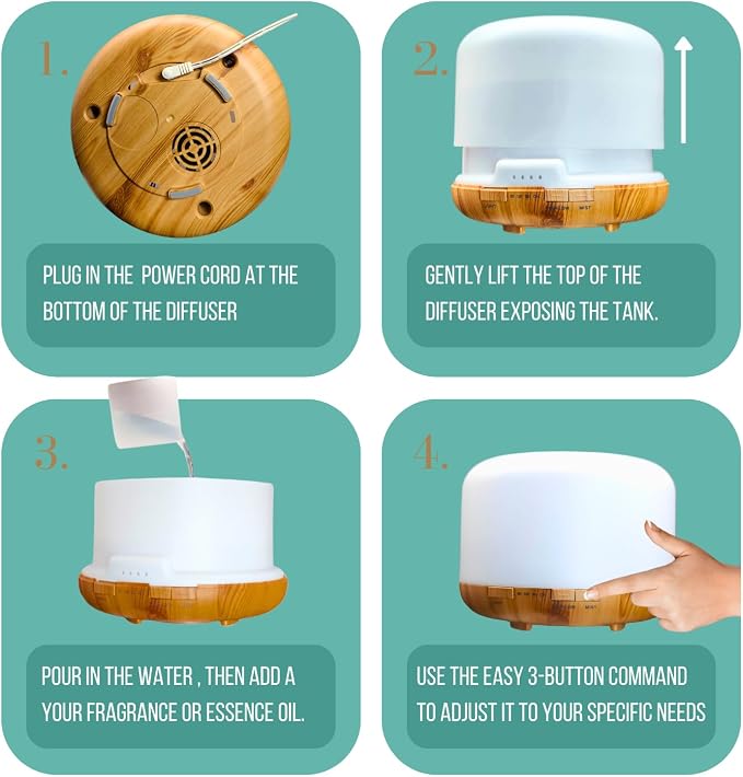 Mystic Romance Essential Oil Diffuser, 500ml Aromatherapy Humidifer and Nigth Ligth for Relaxing Atmosphere in Home Office Yoga and Spa, for Everyone, Auto-Off Safety Switch. Light Wood