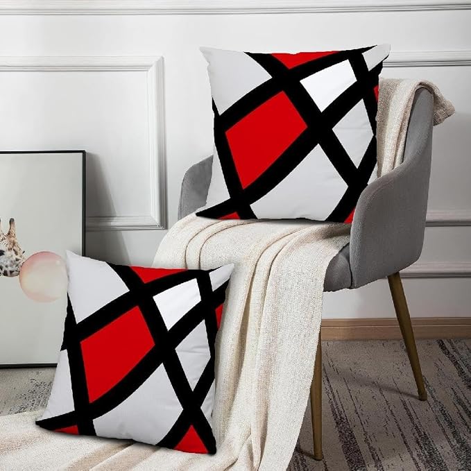 Modern Art Geometric Pillow Cover, Decorative Throw Pillow Covers Red Black Abstract Artwork Cushion Cover for Bedroom Sofa Living Room 26 x 26 Inch Set of 2