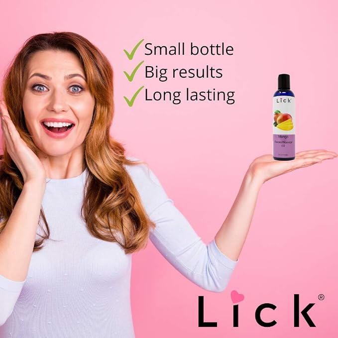 Lick Mango Flavored Massage Oil – Juicy Tropical Edible Massage Oil with Sweet Almond Oil & Vitamin E, Smooth Long-Lasting Glide for Couples Massage, Date Night Favorite, 4 oz