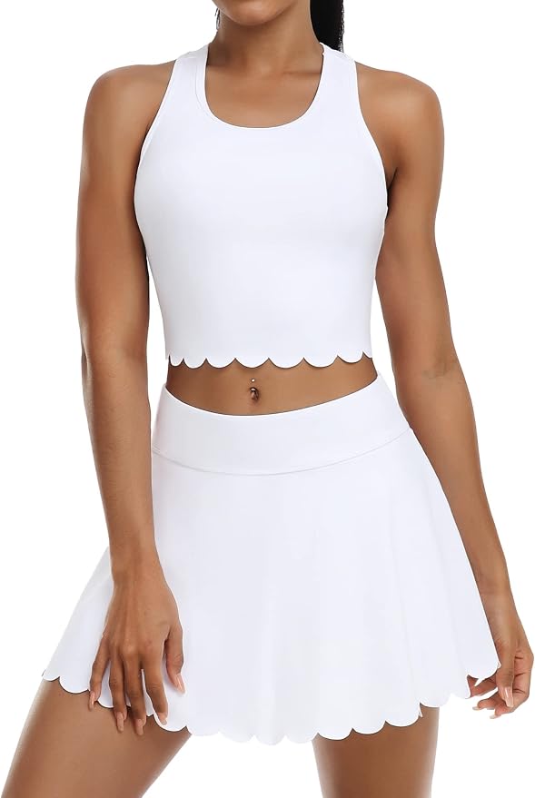 ATTRACO Tennis Outfits for Women Racerback Golf Dress Workout Dress | Athletic Skirt Set, Built-in Shorts, 2 Pockets, Scalloped, Racerback, High Waisted, Pickleball, Workout Set