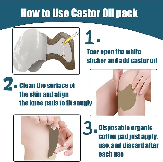 30pcs Castor Oil Patches for Knees, Castor Oil Pack Wrap, Specially Designed for Knees, Disposable Organic Cotton Self-Adhesive Sheet, 5.2x3.7in, No Wash(Without Essential Oils)