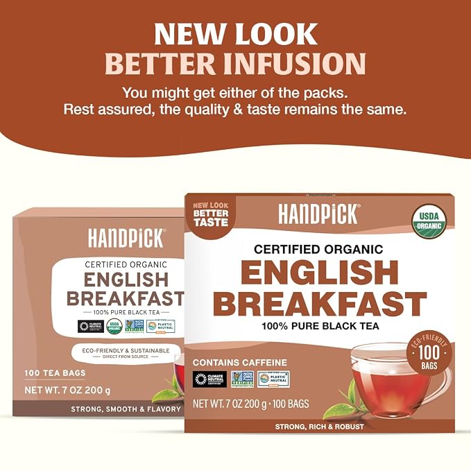 HANDPICK, Organic English Breakfast Black Tea Bags (100 Count) USDA Organic, Non-GMO | Strong, Robust, High-Caffeine Black Tea | Eco-conscious Tea Bags, Brew English Breakfast Tea & Kombucha Tea
