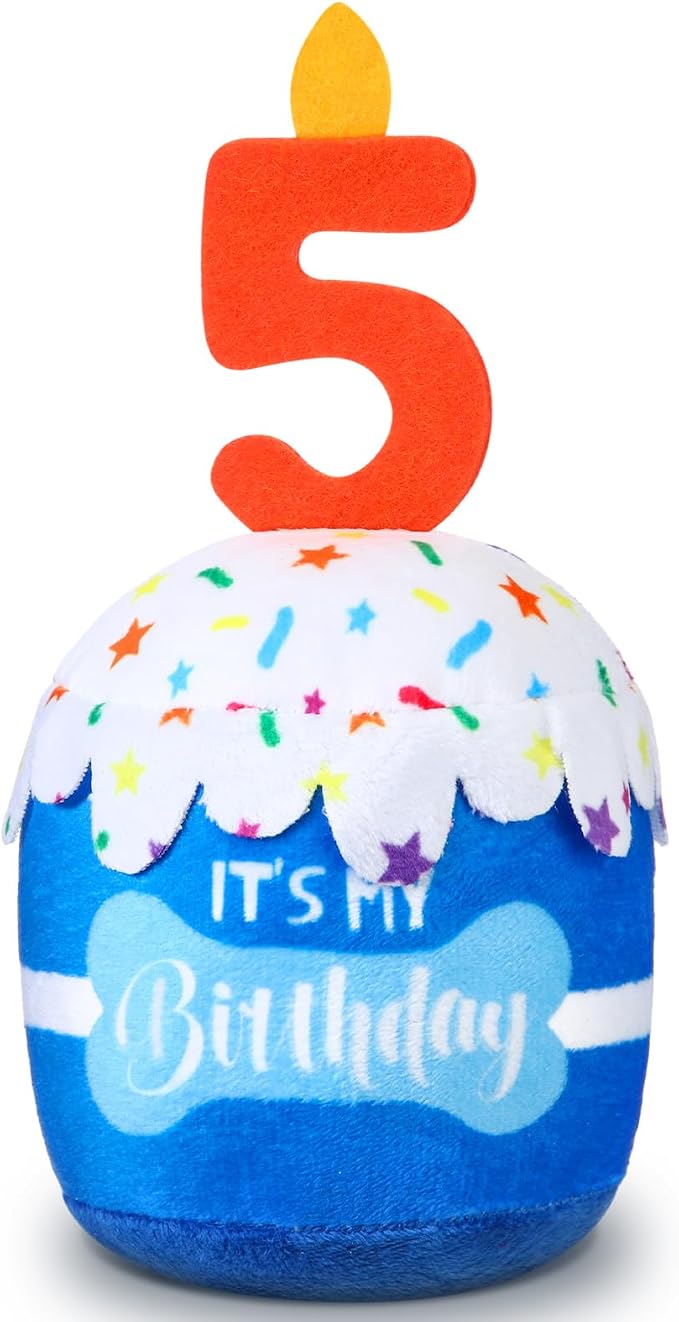 Dansydaisy Dog Birthday Cake Toy Squeaky Plush Gift,5th,Blue