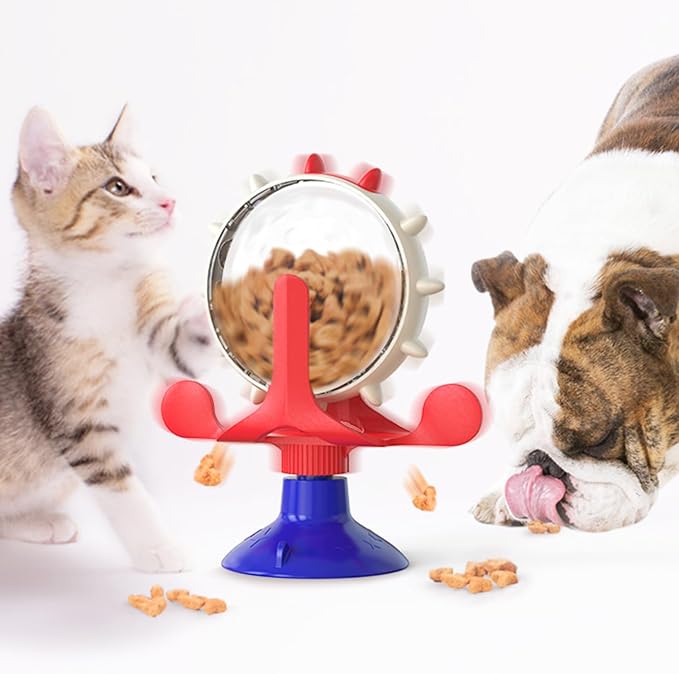 Interactive Cat Slow Feeder, Rotating Durable Dog Puzzle Toy, Mental Stimulation Treat Dispenser with Powerful Suction Cups for Cats and Dogs (Red Blue)