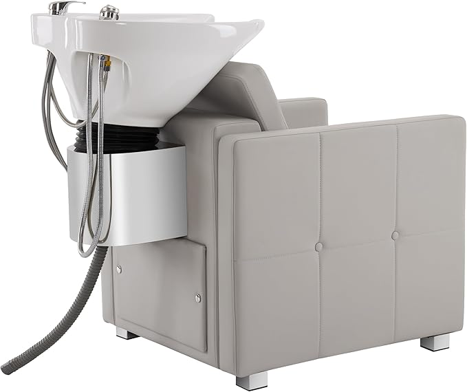 BarberPub Backwash Shampoo Station Chair, Adjustable Porcelain Ceramic Hair Wash Bowl, Vacuum Breaker, Professional Shampoo Chair and Bowl Unit for Salon and Spa 9309 (Gray)