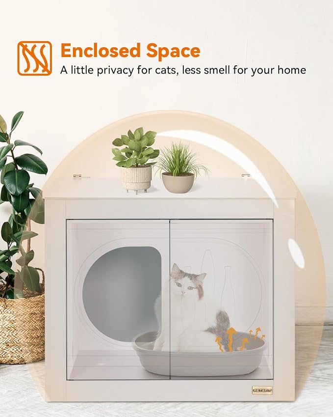 PETSFIT Cat Litter Box Enclosure Folding Furniture, Unfold to Use, No Assembly Needed, Litter Box Furniture as Cat House, End Table, Fit Most of Litter Box (White)
