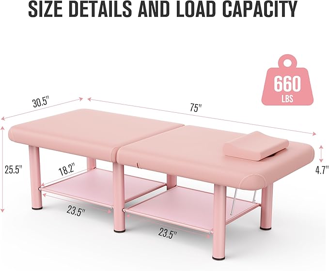 Folding Stationary Massage Table with Backrest and Storage Space for Treatment Table Physical Therapy Table Spa Facial Bed, 6 Round legs Metal Frame PU Leather, 30.5'' Wide × 75'' Long - Pink