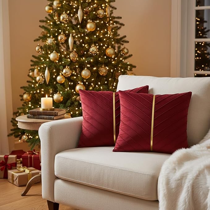 Velvet Throw Pillow Covers 16x16 inch Pack of 2 Gold Decor Red