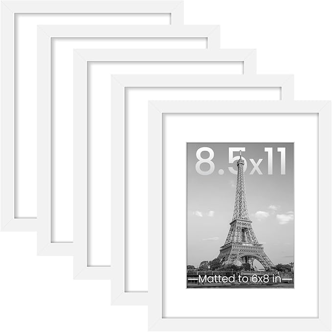 upsimples 8.5 by 11 Picture Frame, Gallery Wall Frames Set of 5, White | Photo Frame Collage Wall Decor, 6x8 Picture Frame with Mat for Family, Certificate, Diploma, Graduation, Hallway, Christmas