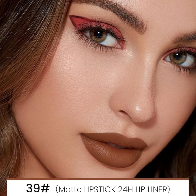 2-in-1 Dark Brown Lip Liner & Lipstick Set Kit for Women, Matte Lips Kit with Lip Liner Lip Stains Long Lasting Waterproof 24 Hour Lipstick and Lip Liners Combo Lipliners Pencil Set 39