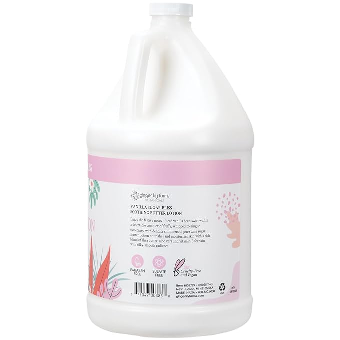 Ginger Lily Farms Botanicals Soothing Butter Lotion for Dry Skin, 100% Vegan & Cruelty-Free, Vanilla Sugar Bliss Scent, 1 Gallon (128 fl oz) Refill