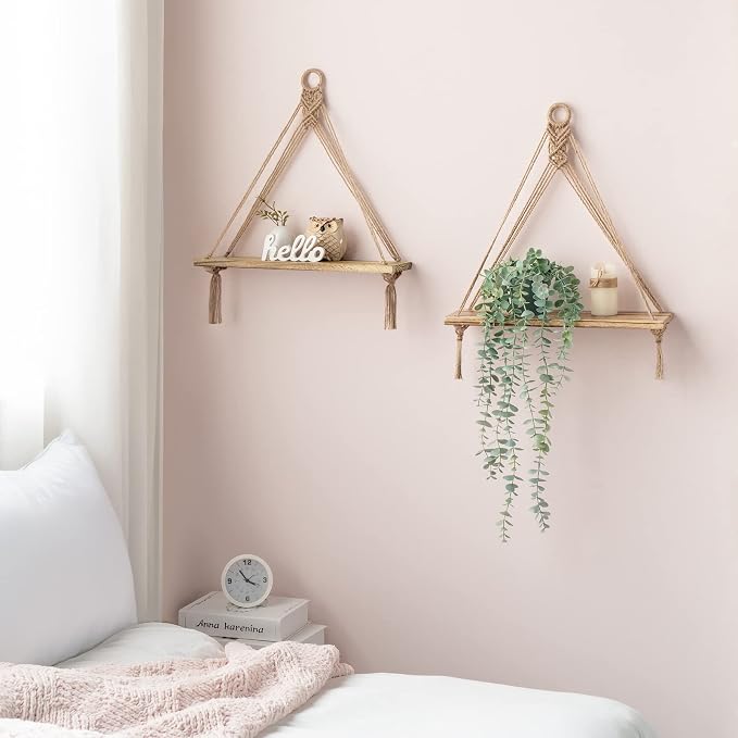 Mkono Macrame Hanging Shelves Boho Wall Decor Set of 2 Floating Wood Shelf | Cute Room Decor for Teen Girls Display Storage Shelves for Hanging Plant Photos Fit Bedroom Bathroom Living Room Nursery Dorm