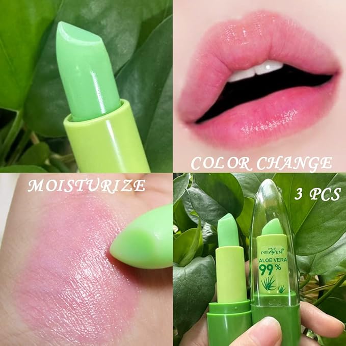 BINGBRUSH Aloe Vera Color Changing Green Lipstick Queen, Long Lasting Lip Care Nutritious Lip Balm Moisturizer Magic PH Lipstick Temperature Change Lip Gloss Makeup Set for Women (3Pcs Aloe Vera)