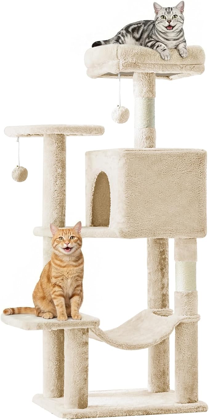 Sweetcrispy 44 Inch Cat Tree Tower for Indoor Cats and Kittens | Multi Level Cat Climbing Tower with Natural Sisal Scratching Posts, Hammock, Pet Condo, Beige