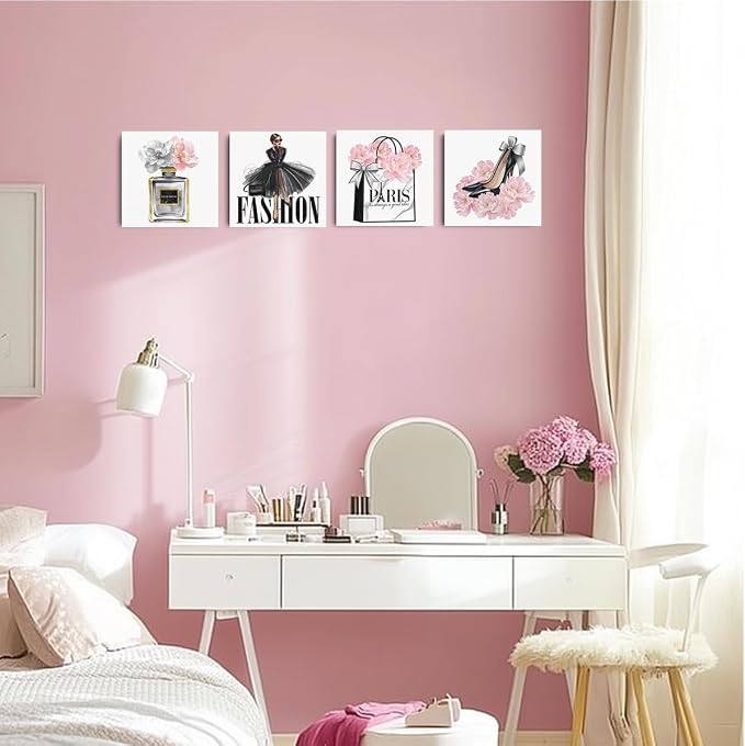 4 Pcs Pink Fashion Women Wall Art Pink Flowers Perfume High Heel Wall Decor