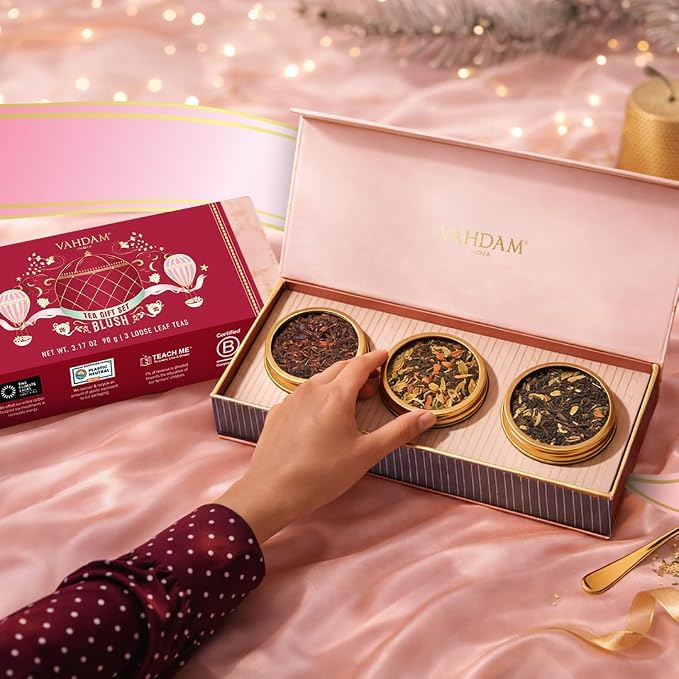 VAHDAM, BLUSH - Assorted Tea Gift Set, 3 Premium Teas in Tin Caddy Presentation Box | Loose Leaf Teas | Gift for everyone