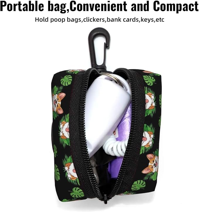 Cute Corgi Dog Tropical Leaves Peony Flowers Dog Poop Bag Holder for Walking, Hiking, Running And Traveling
