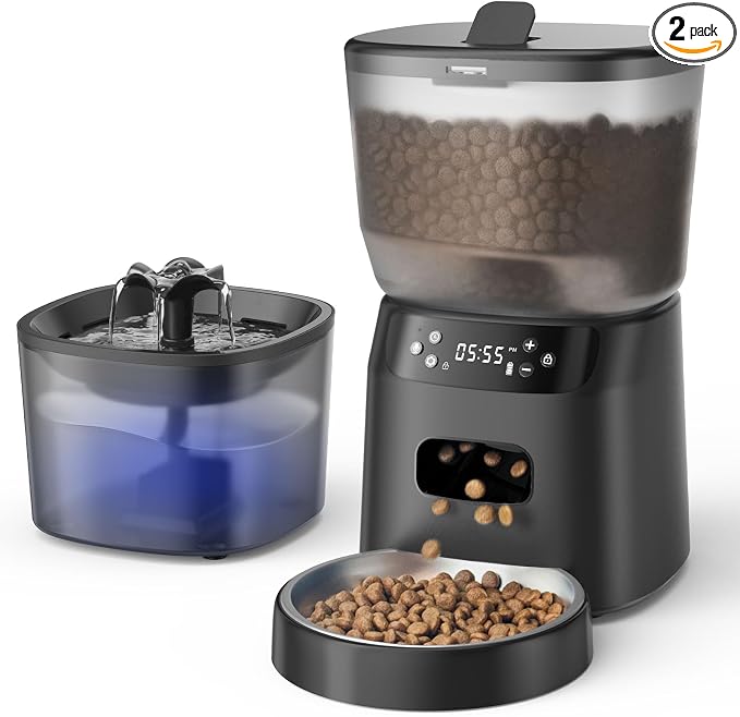 Automatic Cat Feeder and Water Fountain, 4L/16Cups Pet Dry Food Dispenser 2L Water Dispenser, Locking Lid, Programmable Timer 6 Daily Meals, 10s Voice Recorder, Cat Accessories for Puppy Kitten