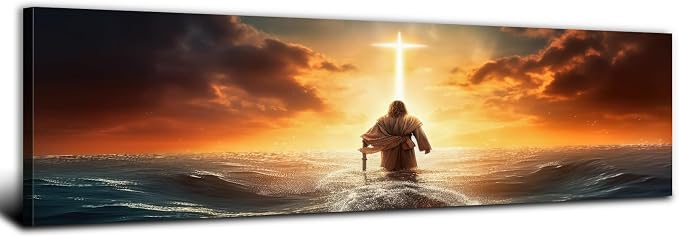Christian Bible Canvas Wall Art for Bedroom Above Bed, Jesus Walking on Water Picture Wall Decor Sunrise Ocean Sea Cross Painting Prints Spirit Religious Faith Poster Artwork Office Decorations 14x48"