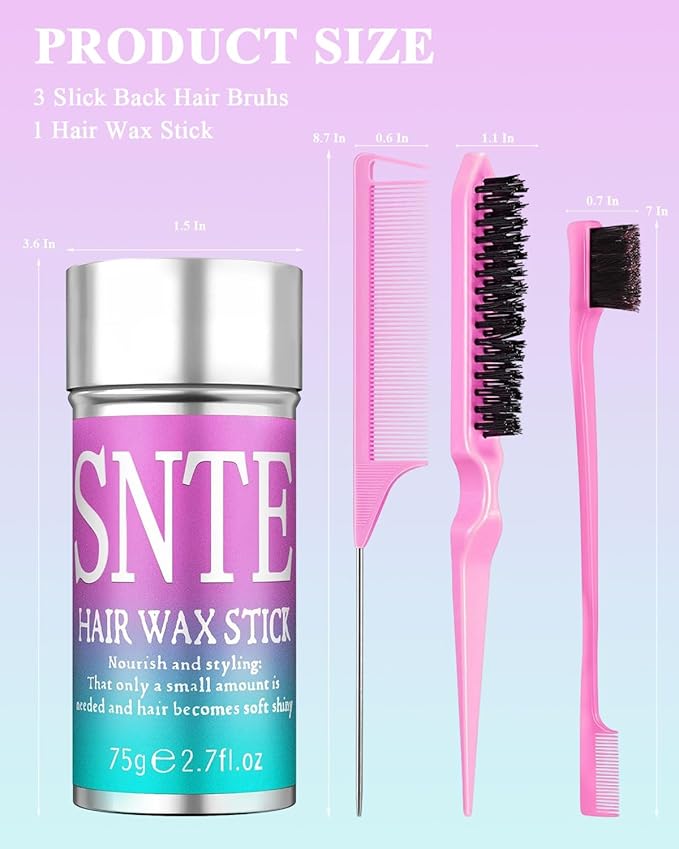 Hair Wax Stick & Slick Back Hair Brush Set - Tameing Frizz & Smoothing Flyaways for Kids, Women & Men - Creating Sleek Ponytails, Buns & Defining Edges - Styling Accessories for Teen Girls Gifts