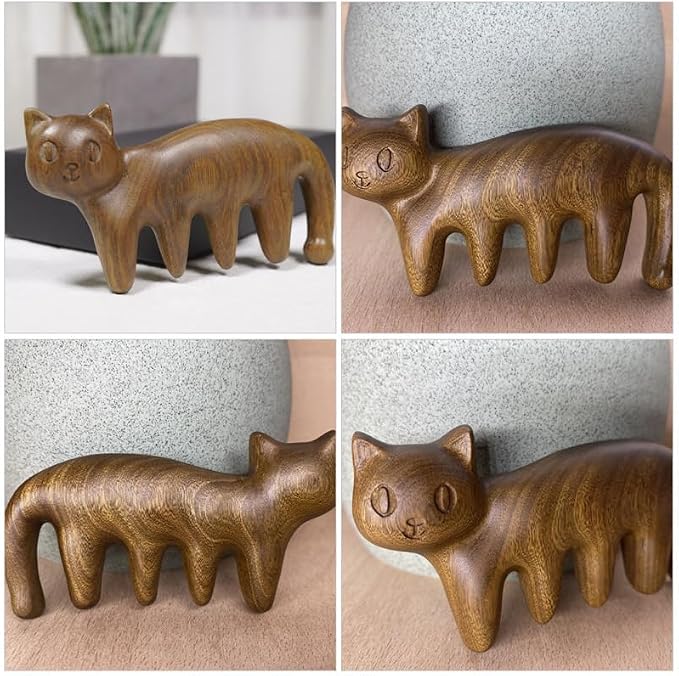 Ipetboom Wooden Scalp Massage Comb: 3.1In Cat Shape Sandalwood Head Wide Tooth Massager for Hair GuaSha, Hair Care, Relaxation & Blood Circulation