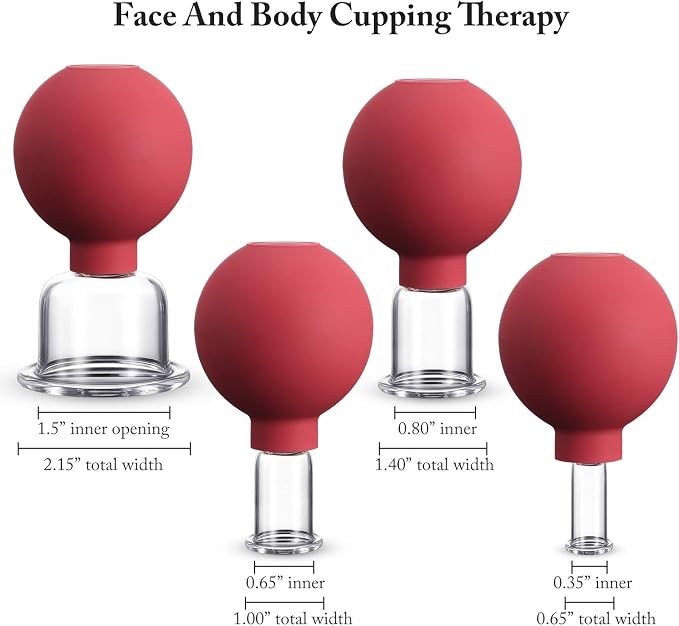 BBTO 4 Pieces Glass Cupping Set Glass Silicone Cupping Cups Massage Vacuum Suction Cupping Cups for Body Face Leg Arm Back Shoulder Muscle and Joint Pain (Red)