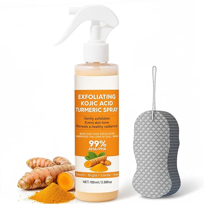 Kojic Acid Turmeric Spray with Sponge, Exfoliating Body Spray with Retinol, Glutathione, Niacinamide, Gentle Exfoliation for All Skin Types, Nourish Skin, Turmeric Peel Shot, 100ml