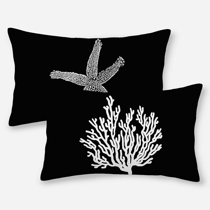 Coastal Pillow Covers 12x20 Set of 2 Black Starfish Throw Pillows Nautical Ocean Decorations Summer Beach Coral Pillowcase Outdoor Decor Linen Farmhouse Square Cushion Case for Sofa Bedroom