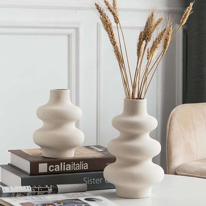 Ceramic Vase Set of 2 - Off White Boho Round Vases, Modern Pampas Vases, Dried Flower Vase Home Decor for Centerpieces Wedding Dinner Table Party Living Room Office Bedroom