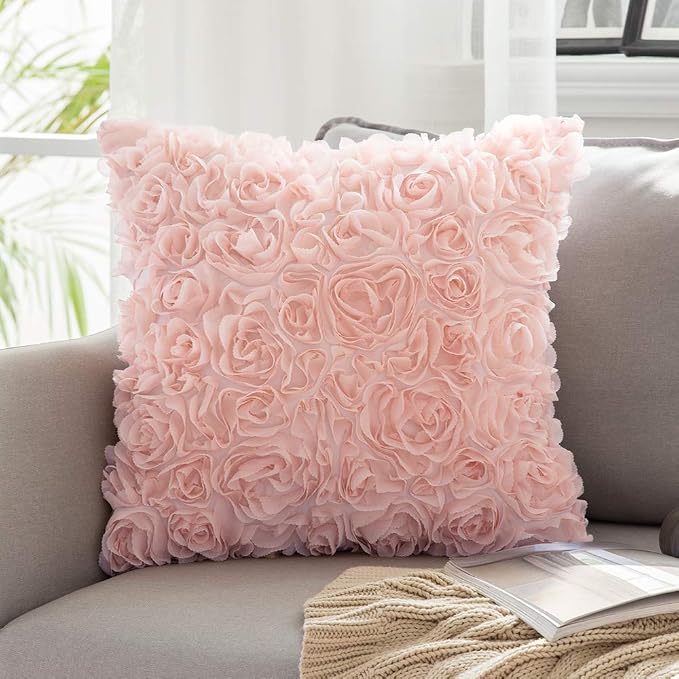 MIULEE Decorative Rose Flower Pillow Cover Pack of 1 Peach Pink 12x12 Inch | Cute Romantic Stereo Chiffon Throw Pillow Cover Aesthetic Solid Pillowcase for Girl Coquette Room Decor Coach Bedroom