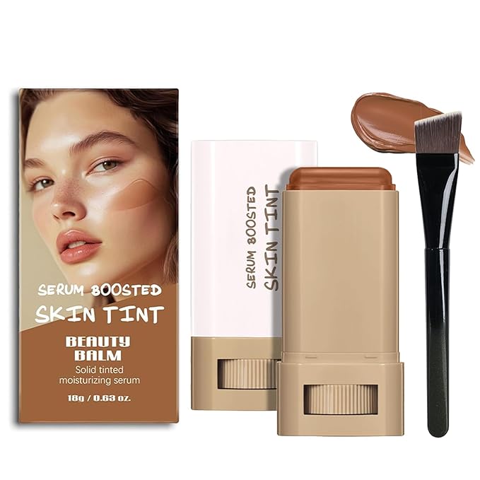 Beauty Balm Serum Boosted Skin Tint with Brush– Lightweight Essence Tinted Foundation Stick for Flawless Sheer to Full Coverage, Natural & Breathable Contour Stick for Face Makeup(#03)