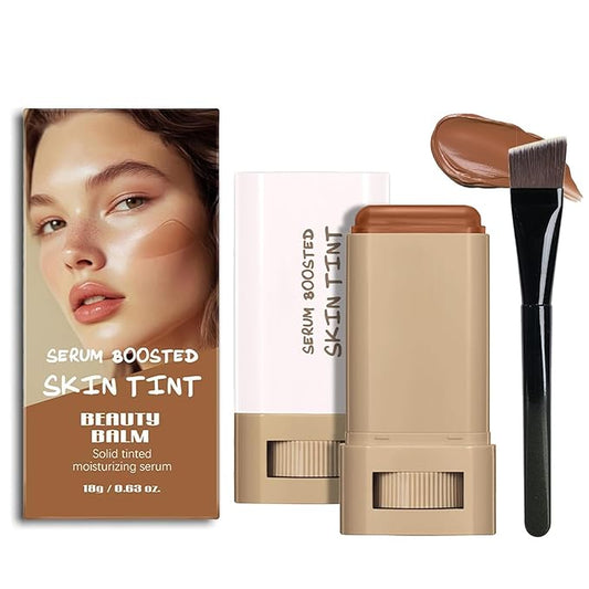 Beauty Balm Serum Boosted Skin Tint with Brush– Lightweight Essence Tinted Foundation Stick for Flawless Sheer to Full Coverage, Natural & Breathable Contour Stick for Face Makeup(#03)