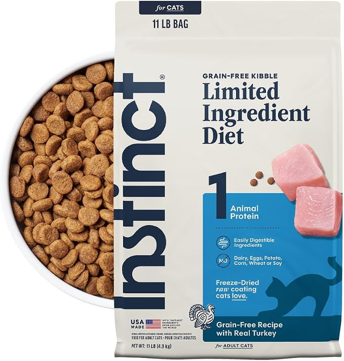 Instinct Limited Ingredient Diet Dry Cat Food, Real Turkey, 11 lb. Bag | Single animal protein and vegetable recipe, raw-coated kibble, cage-free turkey, gentle on sensitive stomachs